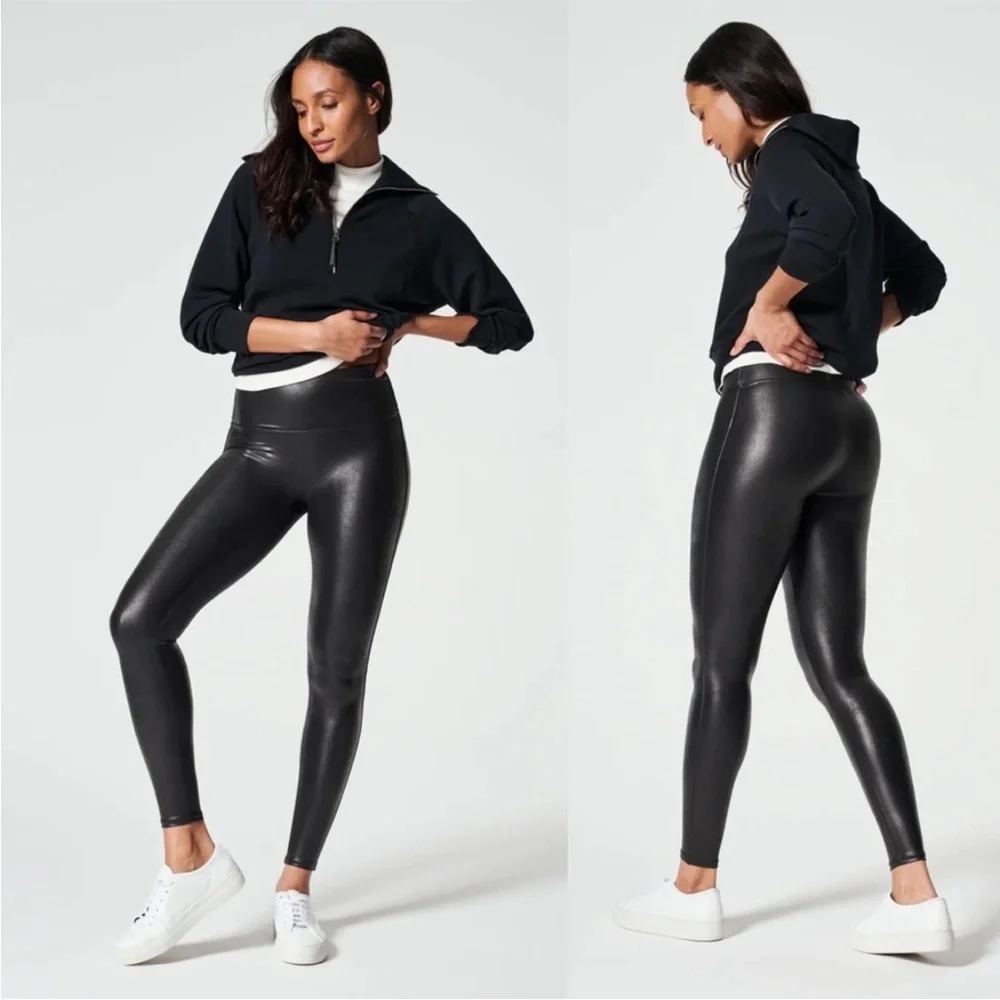 NWT $168 SPANX Faux Leather Black Leggings, sz Medium, flatter fit 27” inseam